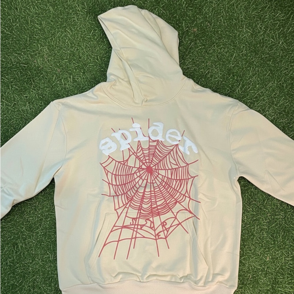 Spider Cream Hoodie with Red Web Design